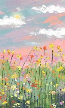 Vinilo decorativo flores silvestres cielo nubes flores texturizadas Pinturas al óleo